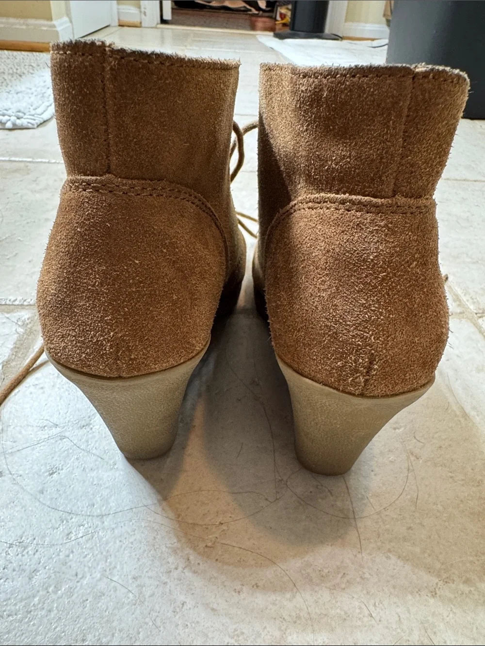 White Mountain Tan Suede Lace-Up Wedge Booties